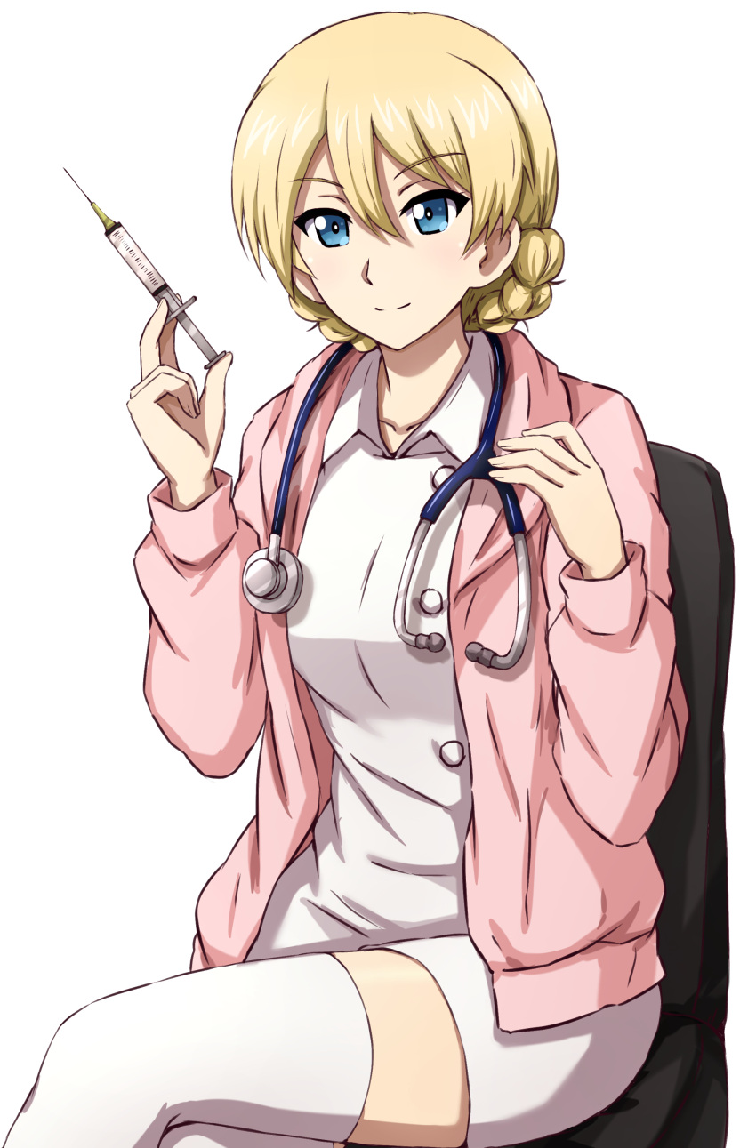 1girl absurdres alternate_costume blonde_hair blue_eyes braid cardigan chair closed_mouth collared_dress commentary crossed_legs darjeeling_(girls_und_panzer) dress girls_und_panzer highres holding holding_syringe looking_at_viewer office_chair omachi_(slabco) on_chair open_cardigan open_clothes pencil_dress pink_cardigan short_dress short_hair simple_background sitting smile solo stethoscope swivel_chair syringe thigh-highs twin_braids white_background white_dress white_thighhighs