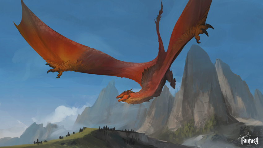 absurdres animal_focus blue_sky claws clouds commentary day dragon flying highres hill horns mountain no_humans open_mouth original outdoors scenery signature sky solo sonech symbol-only_commentary tail western_dragon wings wyvern