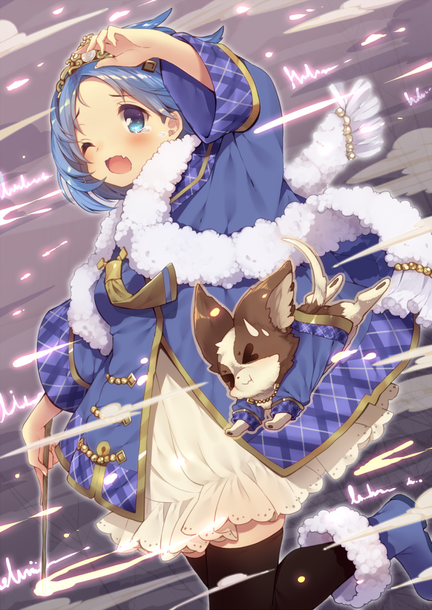 1girl black_thighhighs blue_coat blue_eyes blue_footwear blue_hair blue_sleeves boots bubble_skirt character_name clouds coat commentary_request copyright_request cowboy_shot crying crying_with_eyes_open dog dress fang frilled_dress frills fringe_trim fur-trimmed_boots fur_scarf fur_trim gold_tiara gold_trim hand_on_own_head highres holding holding_wand leg_up light_blush long_sleeves looking_ahead magic one_eye_closed open_mouth plaid_trim purple_background scarf short_dress short_hair skin_fang skirt smile solo teardrop tears thigh-highs tiara usamata wand white_dress white_scarf
