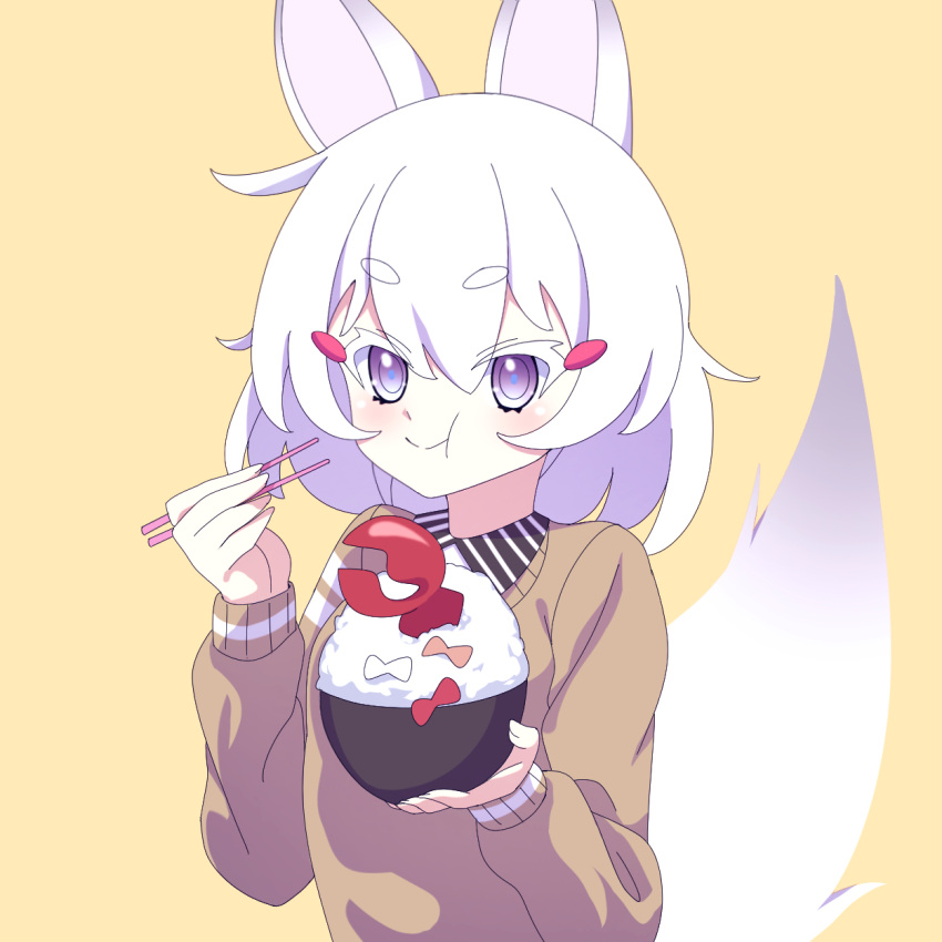 1girl animal_ears cross_(vgne4542) eating fox_ears fox_tail highres phase_connect rice short_hair simple_background solo tail tenma_maemi violet_eyes white_hair