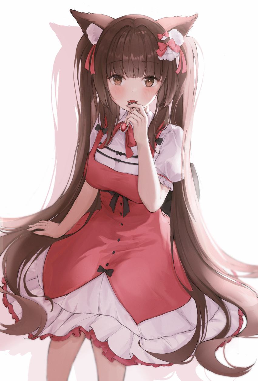 1girl :3 absurdres animal_ear_fluff animal_ears arm_at_side backlighting black_bow black_bowtie bloom blunt_bangs blurry blush bow bowtie breasts brown_eyes brown_hair candy casual cat_ears cat_girl chocola_(nekopara) chocolate collared_shirt commentary depth_of_field dress drop_shadow eyelashes eyes_visible_through_hair fang feet_out_of_frame food frilled_dress frilled_sleeves frills gem hair_bow hair_ribbon hair_spread_out hand_up heart heart-shaped_chocolate highres holding holding_chocolate holding_food long_hair looking_at_viewer medium_breasts name_connection neck_ribbon nekopara open_mouth pinafore_dress pink_bow pink_dress po_ppe puffy_short_sleeves puffy_sleeves red_gemstone red_ribbon ribbon shirt short_sleeves sidelocks simple_background sitting sleeveless sleeveless_dress smile solo straight_hair symbol-only_commentary tsurime twintails very_long_hair white_background white_shirt