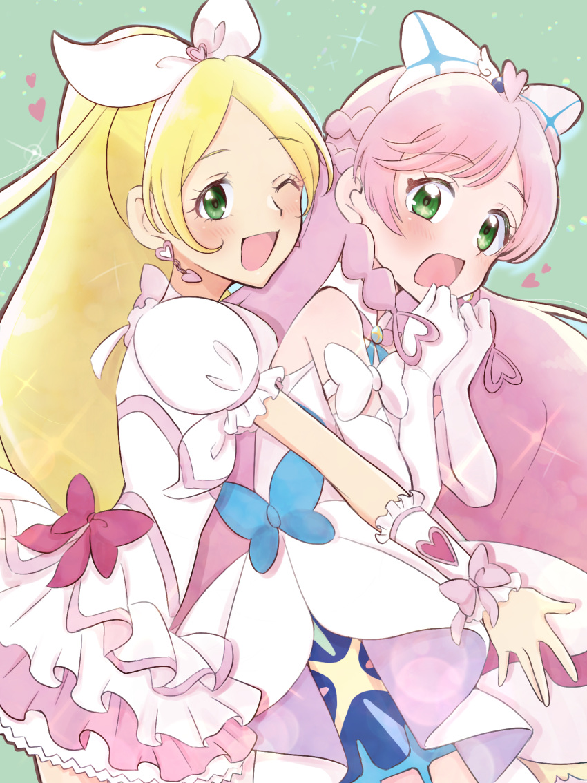 2girls blonde_hair bow braid brooch commentary cure_prism cure_rhythm dress dress_bow earrings elbow_gloves french_braid frown gloves green_eyes hair_bow hair_ribbon heart highres hirogaru_sky!_precure hug hug_from_behind jewelry layered_dress long_hair looking_at_viewer magical_girl minamino_kanade multiple_girls nijigaoka_mashiro one_eye_closed open_mouth pink_hair ponytail precure puffy_short_sleeves puffy_sleeves ribbon shigen_pr short_dress short_sleeves side_braids sleeveless sleeveless_dress smile sparkle suite_precure very_long_hair white_bow white_ribbon wing_brooch