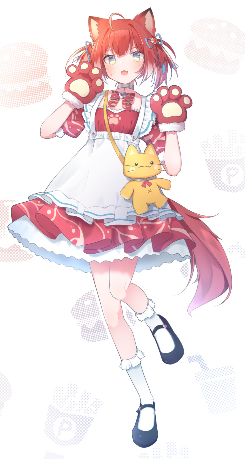1girl absurdres akami_karubi animal_ears animal_hands ankle_socks apron black_footwear blush bow bowtie cat_ears cat_tail collar dress fang full_body gloves grey_collar hands_up highres indie_virtual_youtuber mary_janes name_tag open_mouth paw_gloves petticoat red_bow red_bowtie red_dress redhead satoh_vrc shoes short_hair skin_fang slit_pupils small_sweatdrop socks solo stuffed_animal stuffed_cat stuffed_toy tail virtual_youtuber white_apron white_background white_socks yellow_eyes