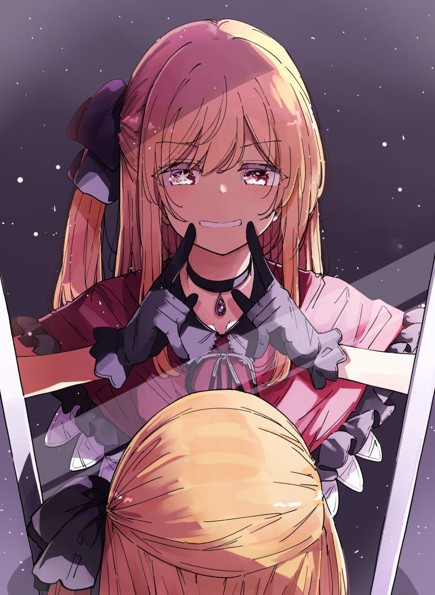 1girl :d black_bow black_choker black_gloves blonde_hair bow capelet choker fingers_to_cheeks frilled_capelet frills gloves grin hair_between_eyes hair_bow highres hoshino_ruby idol idol_clothes index_finger_raised long_hair looking_at_mirror looking_at_viewer mirror nyoijizai open_mouth orange_eyes oshi_no_ko pendant_choker red_capelet side_ponytail sidelocks smile solo star-shaped_pupils star_(symbol) symbol-shaped_pupils teeth upper_body