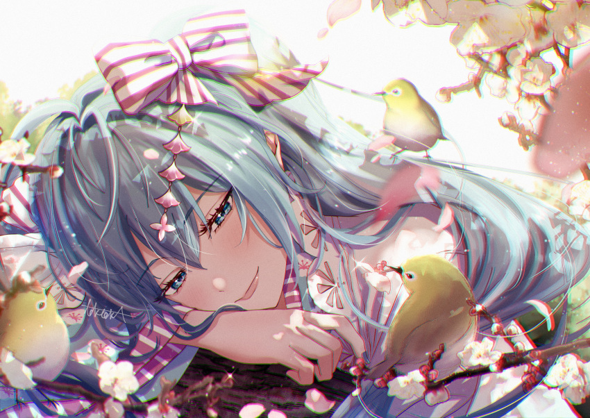 1girl absurdres artist_name bird blue_eyes blue_hair blue_nails blurry blurry_background blurry_foreground blush bow cherry_blossoms chromatic_aberration commentary day flower hair_between_eyes hair_bow hair_ornament half-closed_eyes hatsune_miku head_on_arm highres japanese_clothes kanzashi lips long_hair lying miku_day on_stomach pink_flower pink_petals sidelocks smile solo striped_bow sunlight tokioka_a7 vocaloid