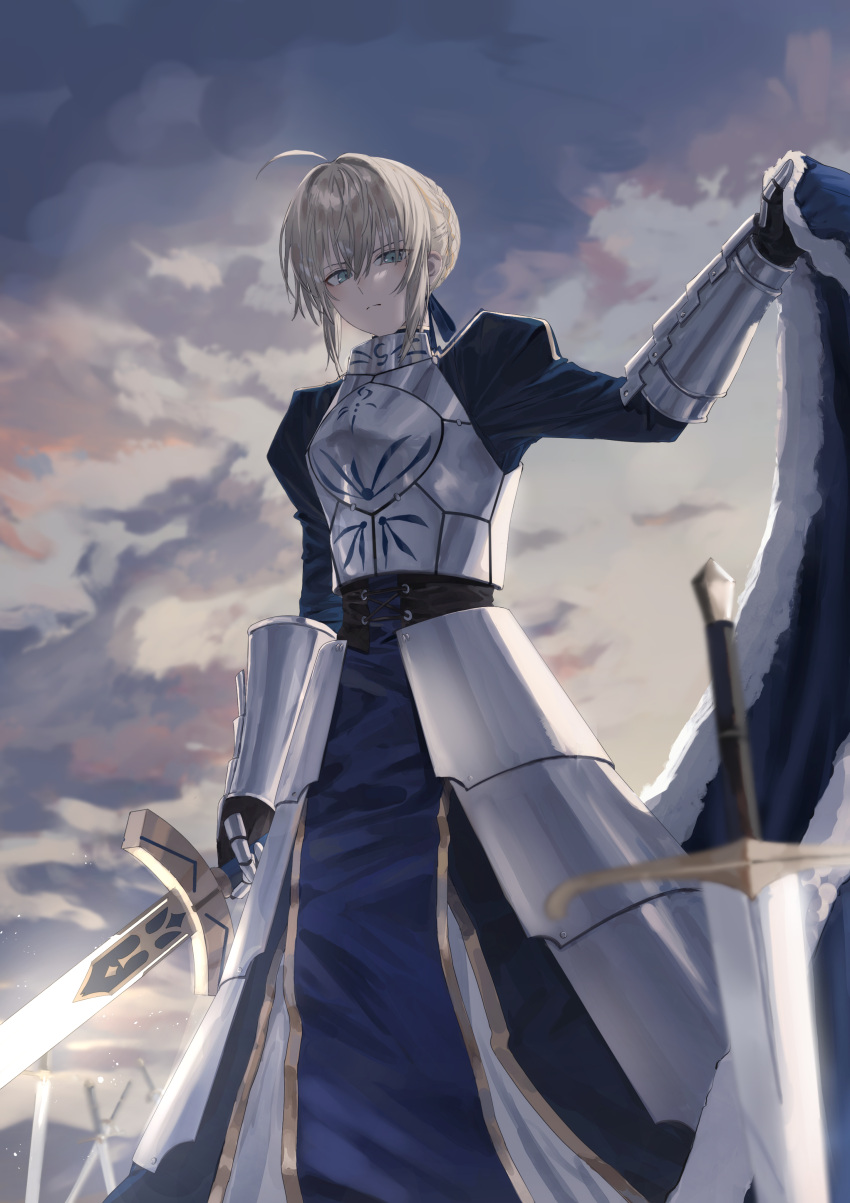 1girl absurdres ahoge aqua_eyes armor armored_dress artoria_pendragon_(fate) blonde_hair blue_cape blue_dress braid breastplate cape closed_mouth clouds cloudy_sky corset dress excalibur_(fate/stay_night) expressionless fate/stay_night fate_(series) faulds fur-trimmed_cape fur_trim gauntlets highres holding holding_cape holding_clothes holding_sword holding_weapon juliet_sleeves long_sleeves looking_at_viewer outdoors puffy_sleeves saber_(fate) shiro_(siro_kuten) short_hair sidelocks sky solo sword unworn_cape weapon