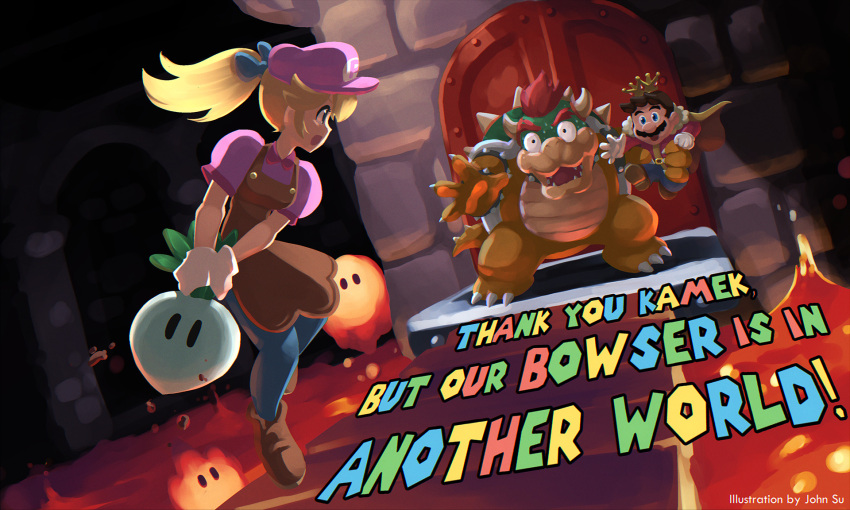 apron blonde_hair blue_pants bowser brown_apron cape cosplay costume_switch crown hat highres john_su lava lifting_person long_hair mario pants pink_hat pink_shirt ponytail princess_peach role_reversal shirt super_mario_bros. super_mario_bros._1 surprised turnip_(mario) wide-eyed