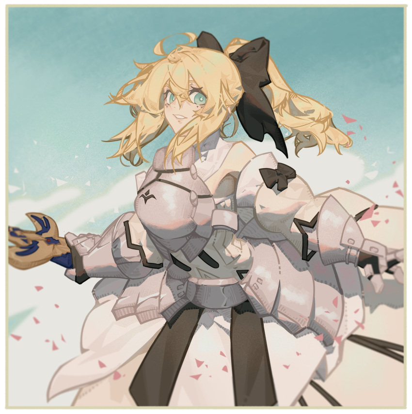 18660081532 1girl absurdres armor armored_dress artoria_pendragon_(fate) bare_shoulders black_bow blonde_hair border bow breastplate cowboy_shot fate/grand_order fate_(series) gauntlets green_eyes hair_between_eyes hair_bow high_ponytail highres holding holding_sword holding_weapon long_hair looking_at_viewer outstretched_arms parted_lips solo spread_arms sword weapon white_border
