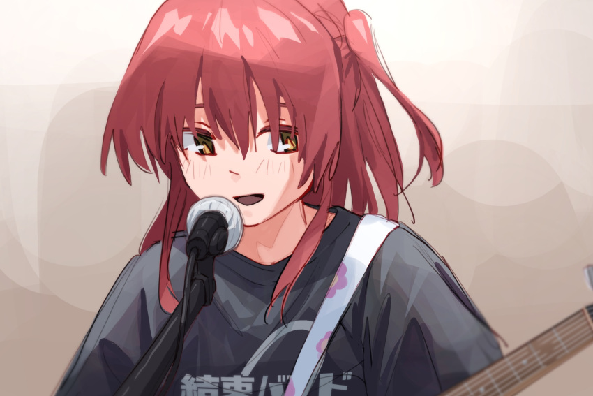 1girl black_shirt blush bocchi_the_rock! brown_eyes commentary egakuning electric_guitar english_commentary guitar highres instrument kessoku_band_t-shirt kita_ikuyo long_hair microphone music one_side_up open_mouth playing_guitar redhead shirt shoulder_strap singing smile solo upper_body