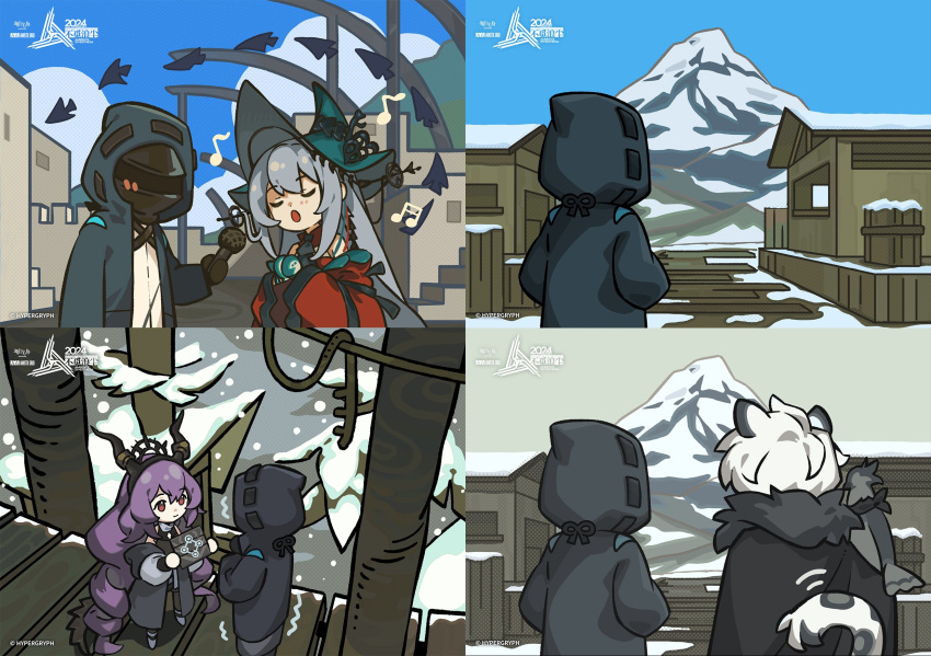 1boy 1other 2girls ambience_synesthesia animal_ears arknights black_horns blush chibi closed_eyes doctor_(arknights) fake_horns favilia highres holding holding_microphone horn_hairband horns leopard_boy leopard_ears leopard_tail long_hair microphone mountain multiple_girls music musical_note purple_hair silverash_(arknights) singing skadi_(arknights) skadi_the_corrupting_heart_(arknights) snow snowing tail trembling typhon_(arknights)