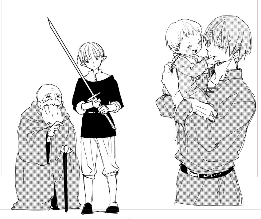 2boys age_progression alternate_universe cane closed_eyes elf father_and_son happy holding holding_another's_head holding_baby holding_cane holding_sword holding_weapon if_they_mated mikki_(asmp) multiple_boys old old_man pointy_ears smile sousou_no_frieren sword weapon