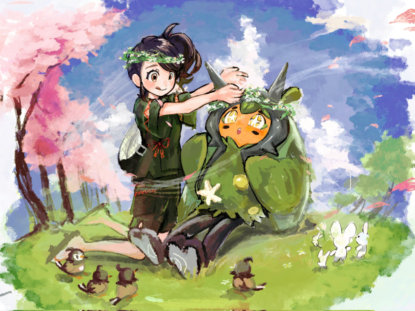 1girl :q bird black_hair brown_eyes brown_hair clouds corrupted_twitter_file day grass head_wreath highres japanese_clothes juliana_(pokemon) kneeling maushold ogerpon on_ground outdoors petals pokemon pokemon_(creature) pokemon_sv short_sleeves sitting sky star-shaped_pupils star_(symbol) starly symbol-shaped_pupils tongue tongue_out tree wrozzii