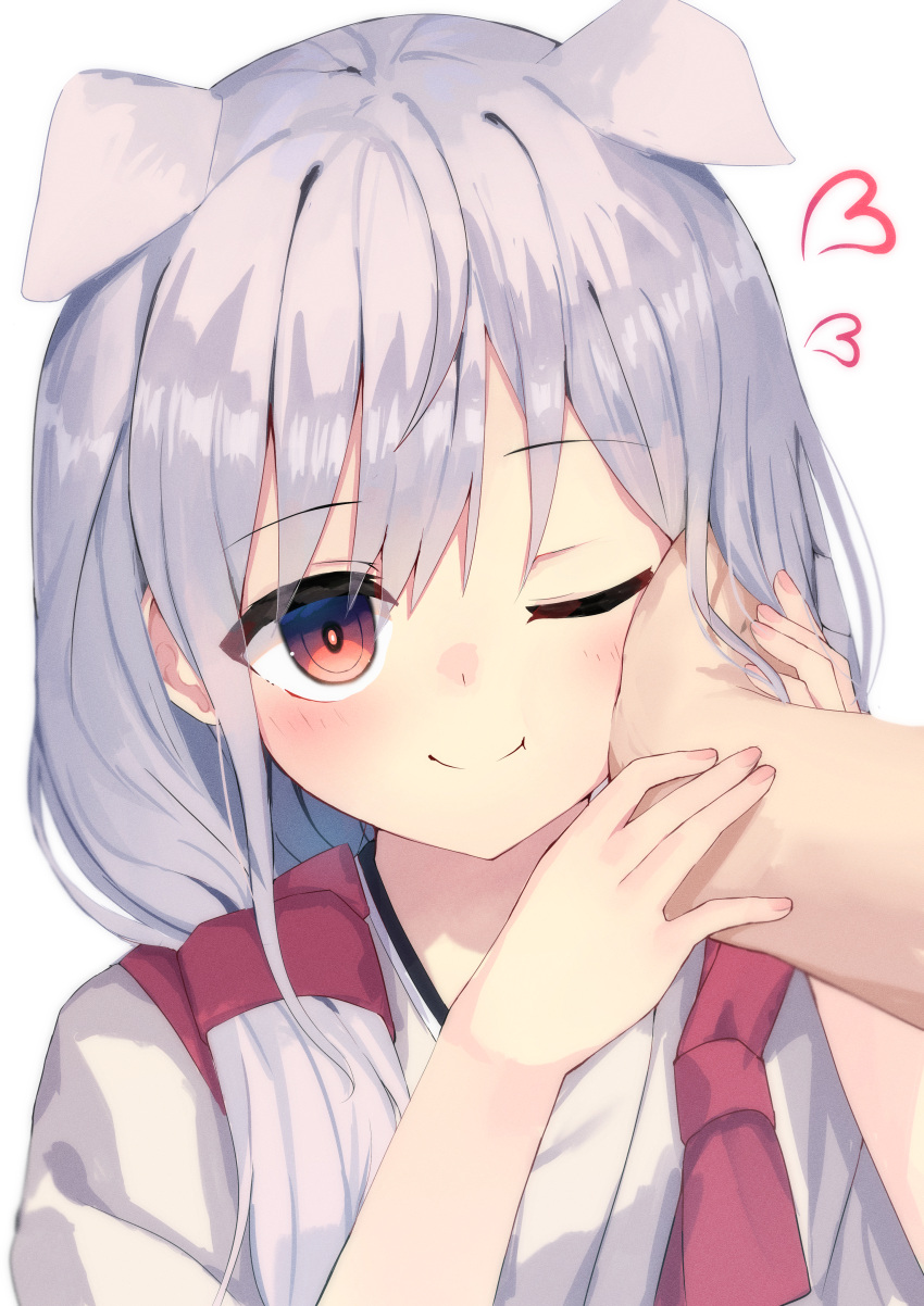 1girl 1other :t ;) \||/ absurdres animal_ears bright_pupils close-up closed_mouth commentary dog_ears eyes_visible_through_hair fingernails grey_hair hair_between_eyes hand_on_another's_cheek hand_on_another's_face happy heart highres holding_hands kotoyose_fumino long_hair looking_at_viewer nodoameyatou nukigee_mitai_na_shima_ni_sunderu_watashi_wa_dou_surya_ii_desu_ka? one_eye_closed pov pov_hands red_eyes simple_background smile solo_focus split_mouth white_background