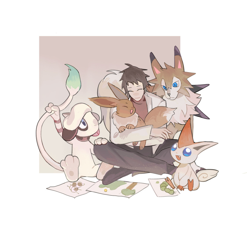 1boy brown_background brown_hair brown_shirt brown_theme child's_drawing closed_eyes closed_mouth coat collared_coat creature drawing_(object) eevee gradient_background harada_minoru highres holding holding_creature indian_style long_sleeves lycanroc lycanroc_(midday) male_focus pants paper pokemon pokemon_(creature) saibou_shinkyoku shirt short_hair simple_background sitting smeargle smile solo victini yulei_yuuuuu