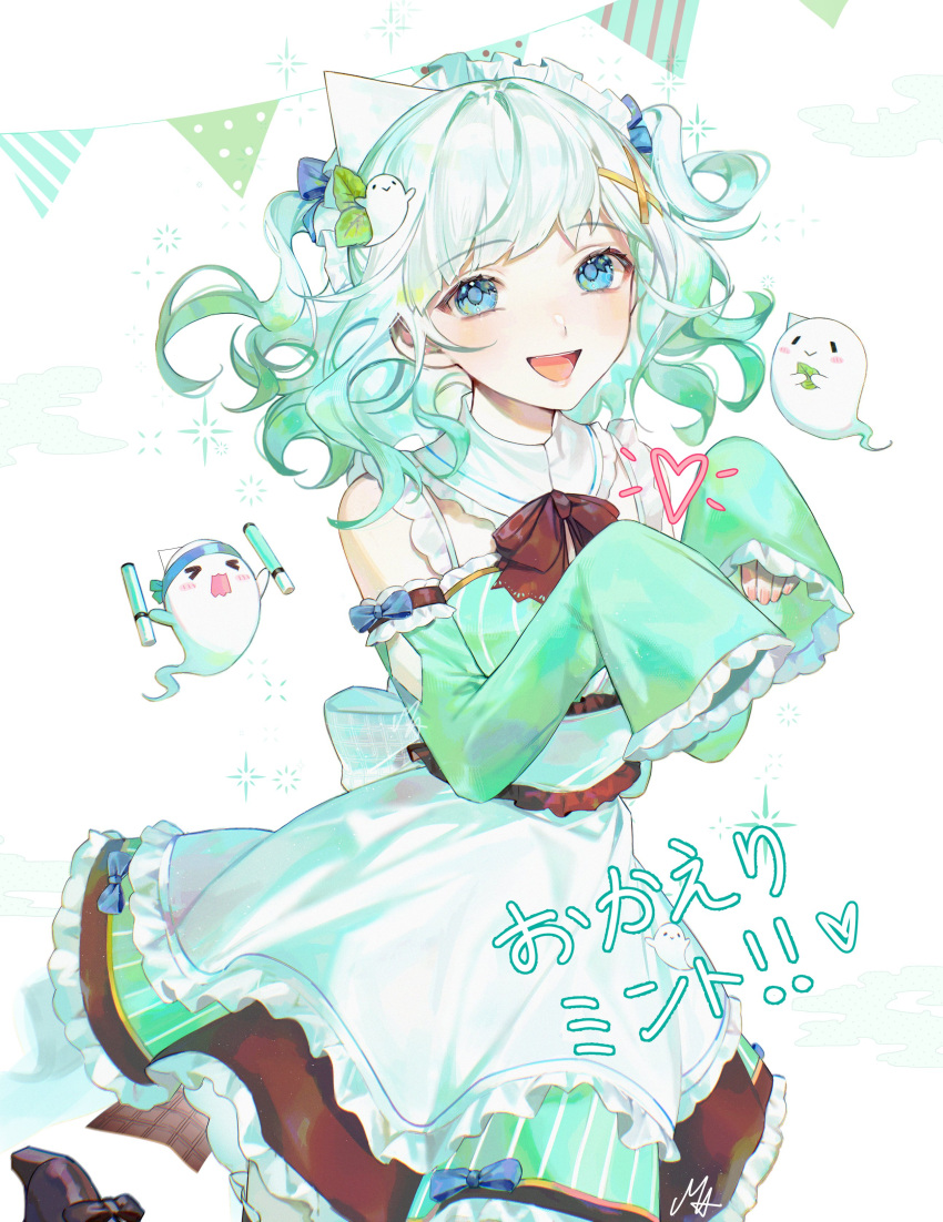 &gt;_&lt; 1girl absurdres ani_019 apron black_footwear black_ribbon blue_bow blue_eyes bow detached_collar detached_sleeves dress dress_bow frilled_sleeves frills ghost ghost_girl gradient_hair green_dress green_hair hair_ornament highres holding holding_leaf holding_lightstick indie_virtual_youtuber leaf long_sleeves looking_at_viewer maid maid_apron maid_headdress mint mint_fantome multicolored_hair open_mouth ribbon sleeves_past_wrists smile solo sparkle streamers triangular_headpiece two_side_up virtual_youtuber white_background white_hair x_hair_ornament