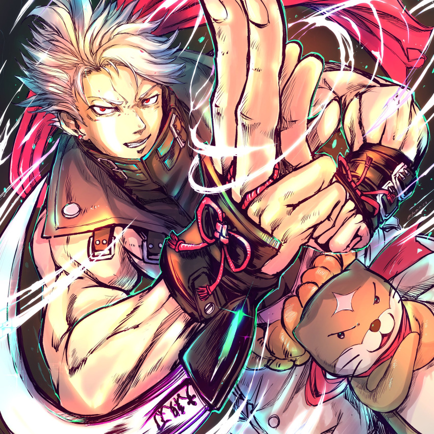 1boy aura bare_shoulders black_vest chipp_zanuff crossed_arms guilty_gear guilty_gear_strive highres illustica_phantom kuji-in male_focus red_eyes short_hair smirk vest white_hair