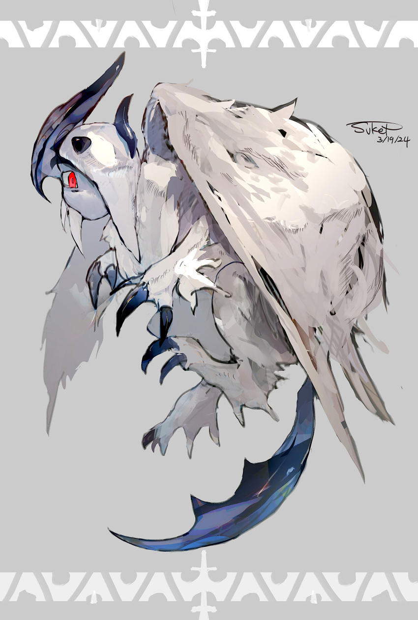 absol absurdres blue_skin claws colored_skin commentary_request dated forehead_jewel grey_background hair_over_one_eye highres horns mega_absol no_humans pokemon pokemon_(creature) red_eyes signature sukepmonster tail white_hair wings