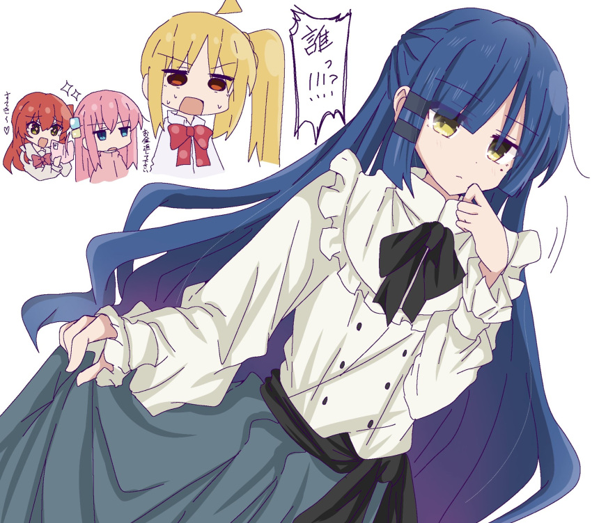 +_+ 4girls ahoge alternate_hair_length alternate_hairstyle blonde_hair blunt_bangs bocchi_the_rock! chibi chibi_inset closed_mouth commentary_request dutch_angle expressionless frilled_shirt_collar frills gotoh_hitori hand_up highres ijichi_nijika jitome kita_ikuyo long_bangs long_hair long_skirt long_sleeves looking_at_another looking_at_viewer mole mole_under_eye motion_lines multiple_girls open_mouth pink_hair puffy_long_sleeves puffy_sleeves red_eyes redhead shirt shouting side_ponytail simple_background skirt skirt_hold solo_focus sparkle straight_hair sweat torikoboshi translation_request v-shaped_eyebrows very_long_hair wavy_hair white_background white_shirt yamada_ryo yellow_eyes