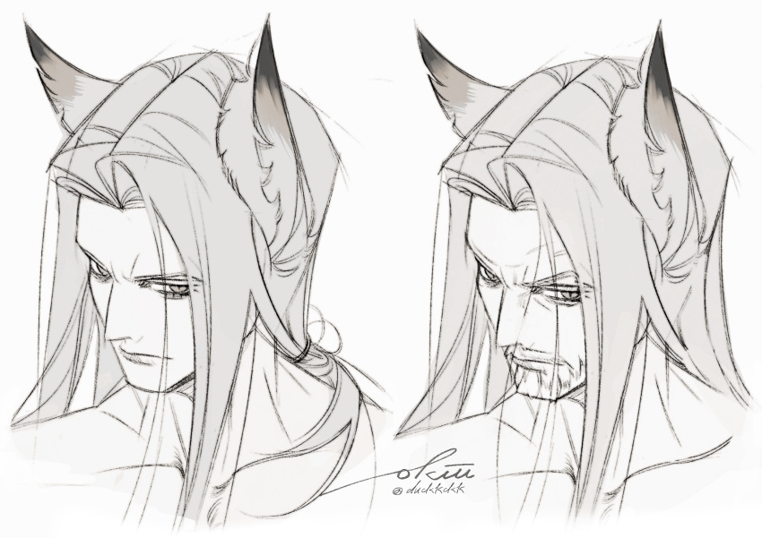 1boy animal_ears arknights beard_stubble cropped_shoulders facial_hair frown greyscale hellagur_(arknights) highres leopard_ears long_hair looking_to_the_side male_focus mature_male monochrome mustache mustache_stubble okiii stubble tsurime