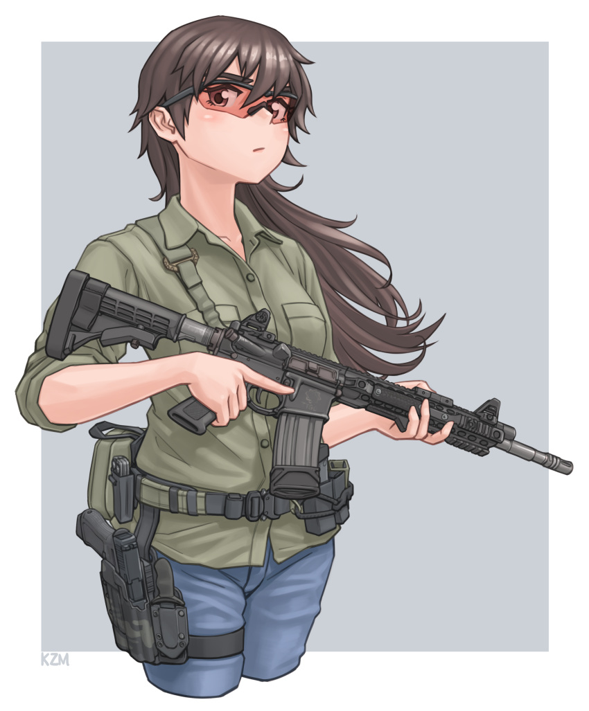 1girl absurdres ammunition_pouch ar-15 artist_name assault_rifle belt black_eyes black_hair blue_pants closed_mouth collared_shirt commentary_request cowboy_shot cropped_legs denim frown green_shirt grey_background gun handgun highres holding holding_gun holding_weapon holstered jeans kzm_(sub-moa_works) long_hair long_sleeves looking_at_viewer original pants partial_commentary pouch rifle safety_glasses shirt sleeves_rolled_up solo standing utility_belt weapon wind