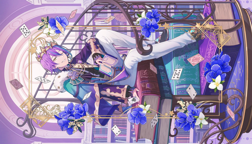 1boy aristocratic_clothes card colorful_palette crown full_body highres holding holding_card hoshi_o_mezashite_yoosoroo!_(project_sekai) kamishiro_rui multicolored_hair official_alternate_costume official_art project_sekai purple_hair purple_theme sideways sitting solo streaked_hair yellow_eyes