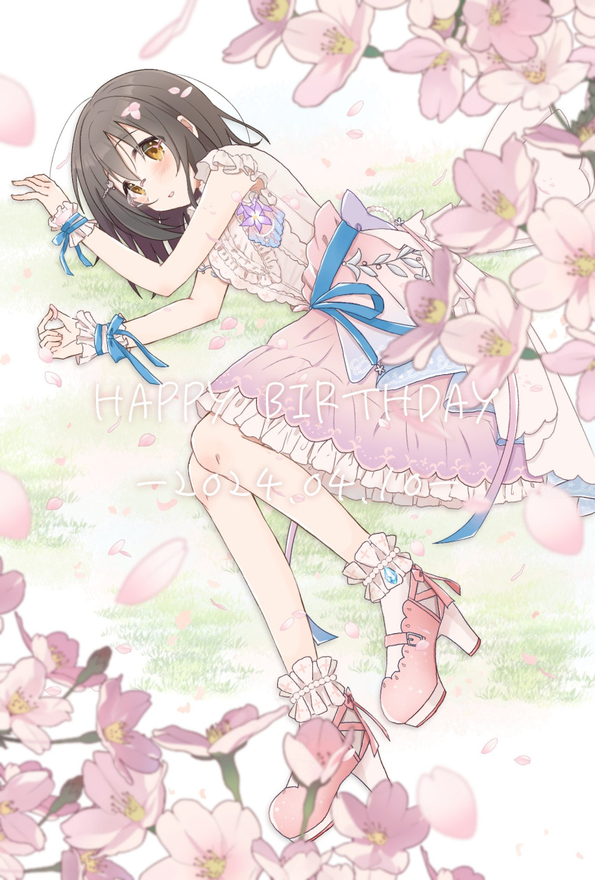 1girl armpit_crease back_bow bare_arms birthday black_hair blue_gemstone blue_ribbon blush bow breasts cherry_blossoms commentary_request dated day dress dress_flower english_text falling_petals fingernails flower frilled_dress frilled_socks frilled_wrist_cuffs frills from_above full_body gem glasses grass hair_between_eyes happy_birthday high_heels highres holding holding_petal idol idol_clothes idolmaster idolmaster_cinderella_girls idolmaster_cinderella_girls_starlight_stage kamijo_haruna knees_together_feet_apart layered_dress looking_at_viewer looking_to_the_side lying medium_bangs medium_breasts multicolored_clothes multicolored_dress official_alternate_costume on_side open_mouth outdoors parted_lips petals pink-framed_eyewear pink_dress pink_flower pink_footwear pink_petals purple_bow purple_flower ribbon rimless_eyewear shion_mnkm sidelocks sleeveless sleeveless_dress socks solo straight_hair tree white_dress white_socks white_wrist_cuffs wrist_cuffs