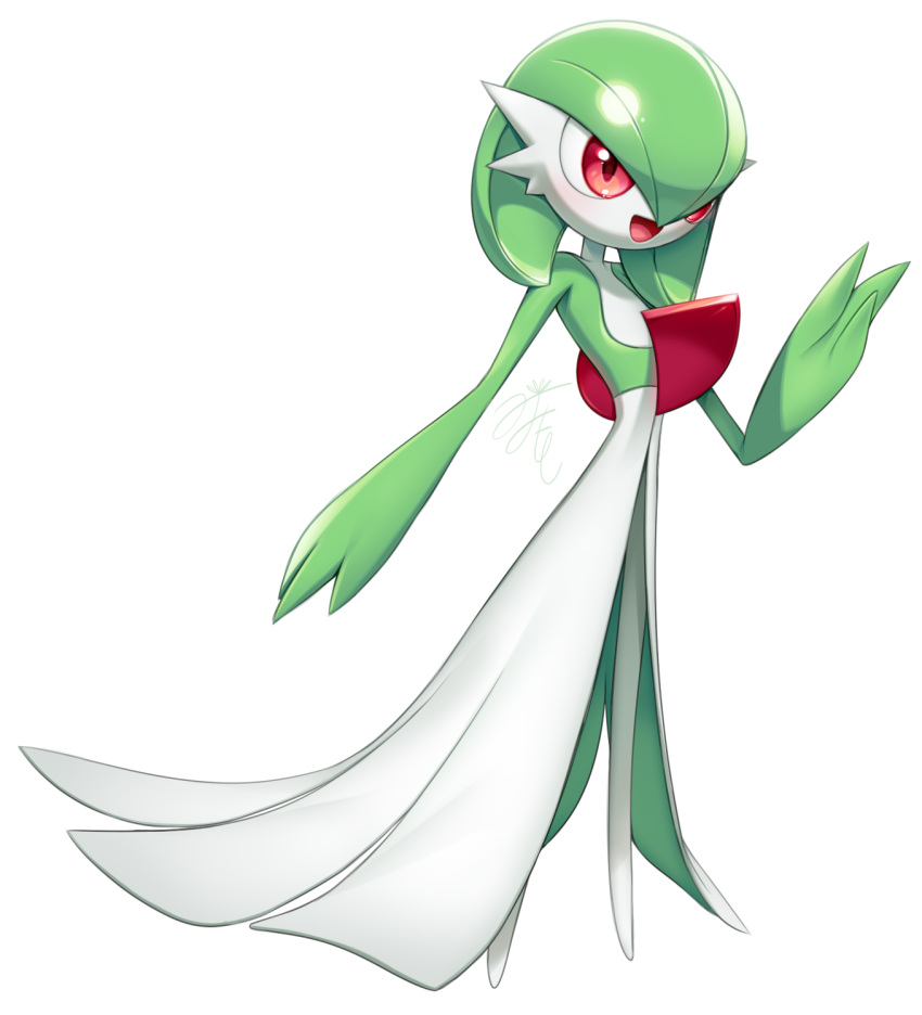 bob_cut colored_skin dress gardevoir hair_over_one_eye highres lotosu multicolored_skin open_mouth pink_eyes pokemon pokemon_(creature) signature simple_background smile two-tone_skin white_background white_dress white_skin