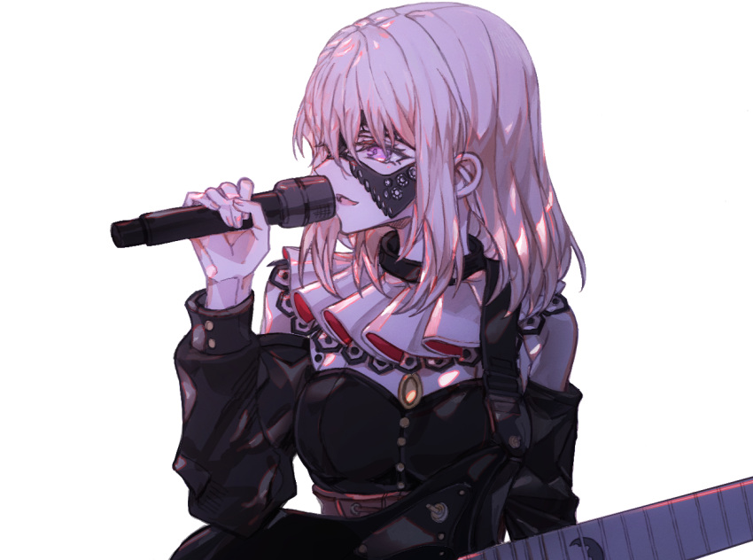 1girl bad_id bad_pixiv_id bang_dream! bang_dream!_it's_mygo!!!!! black_shirt blonde_hair brown_corset corset guitar holding holding_guitar holding_instrument holding_microphone instrument junjun_(kimi-la) long_sleeves mask masquerade_mask medium_hair microphone misumi_uika open_mouth shirt sidelocks simple_background solo violet_eyes white_background