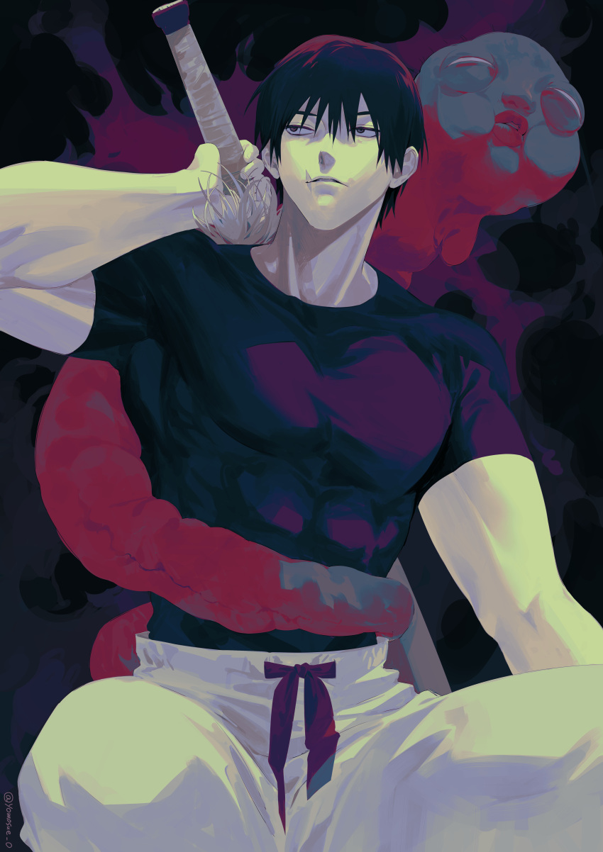 1boy absurdres artist_request black_hair demon fushiguro_touji highres jujutsu_kaisen looking_to_the_side male_focus mature_male muscular muscular_male pants pectorals scar scar_on_face scar_on_mouth shirt short_hair sitting solo tight_clothes tight_shirt white_pants