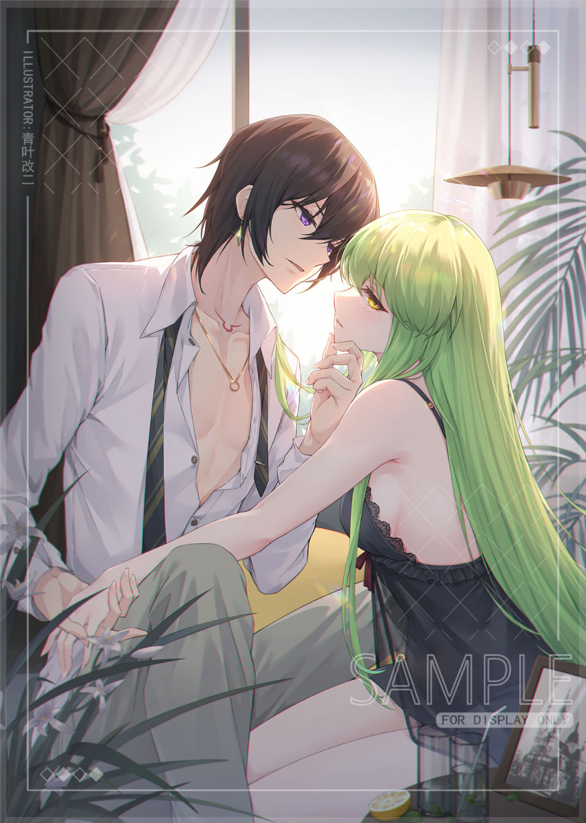 1boy 1girl aoba_aratame_ni babydoll black_babydoll brown_hair c.c. code_geass couple earrings green_hair hand_on_another's_chin highres jewelry lelouch_vi_britannia long_hair unbuttoned unbuttoned_shirt violet_eyes yellow_eyes