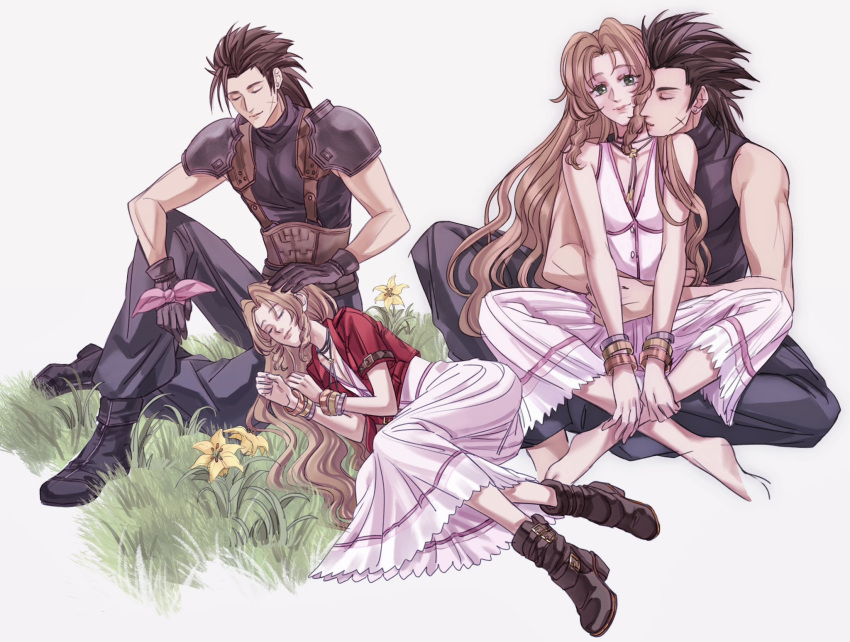1boy 1girl aerith_gainsborough armor baggy_pants bangle bare_shoulders barefoot black_gloves black_hair boots bracelet brown_hair closed_eyes closed_mouth commentary couple crisis_core_final_fantasy_vii cross_scar dress english_commentary feet final_fantasy final_fantasy_vii final_fantasy_vii_rebirth final_fantasy_vii_remake flower full_body gloves grass green_eyes hair_slicked_back hand_on_another's_head head_on_another's_shoulder highres hug hug_from_behind indian_style jacket jewelry knee_up lap_pillow long_hair looking_at_viewer lying on_side pants parted_lips pink_dress pink_ribbon red_jacket ribbon scar scar_on_cheek scar_on_face shoulder_armor sitting sitting_on_lap sitting_on_person sleeping sleeveless sleeveless_turtleneck smile spiky_hair sweater sylvthea turtleneck turtleneck_sweater yellow_flower zack_fair