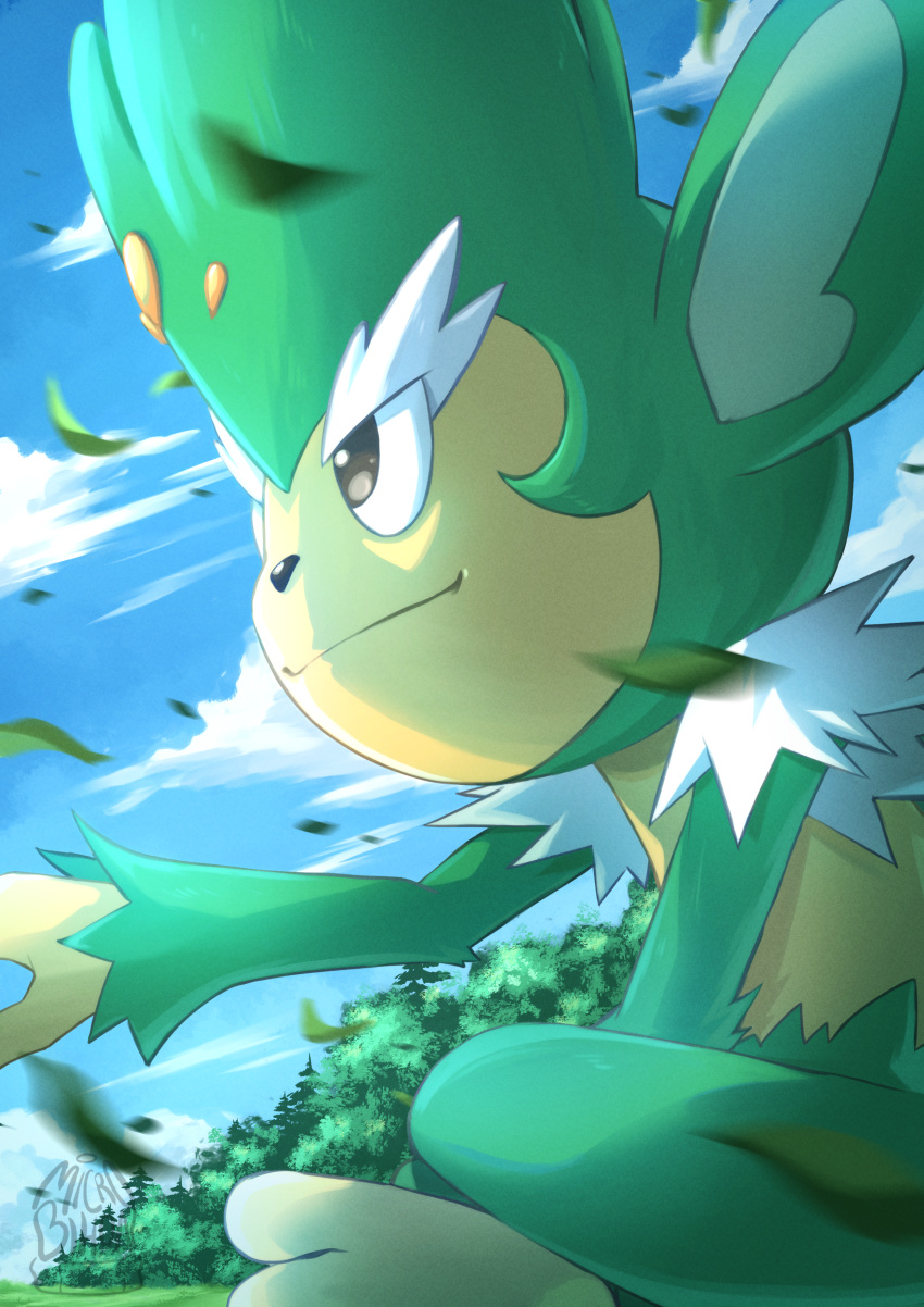 absurdres artist_name blue_sky clouds day falling_leaves from_side highres leaf microbihon outdoors pokemon pokemon_(creature) simisage sitting sky solo tree