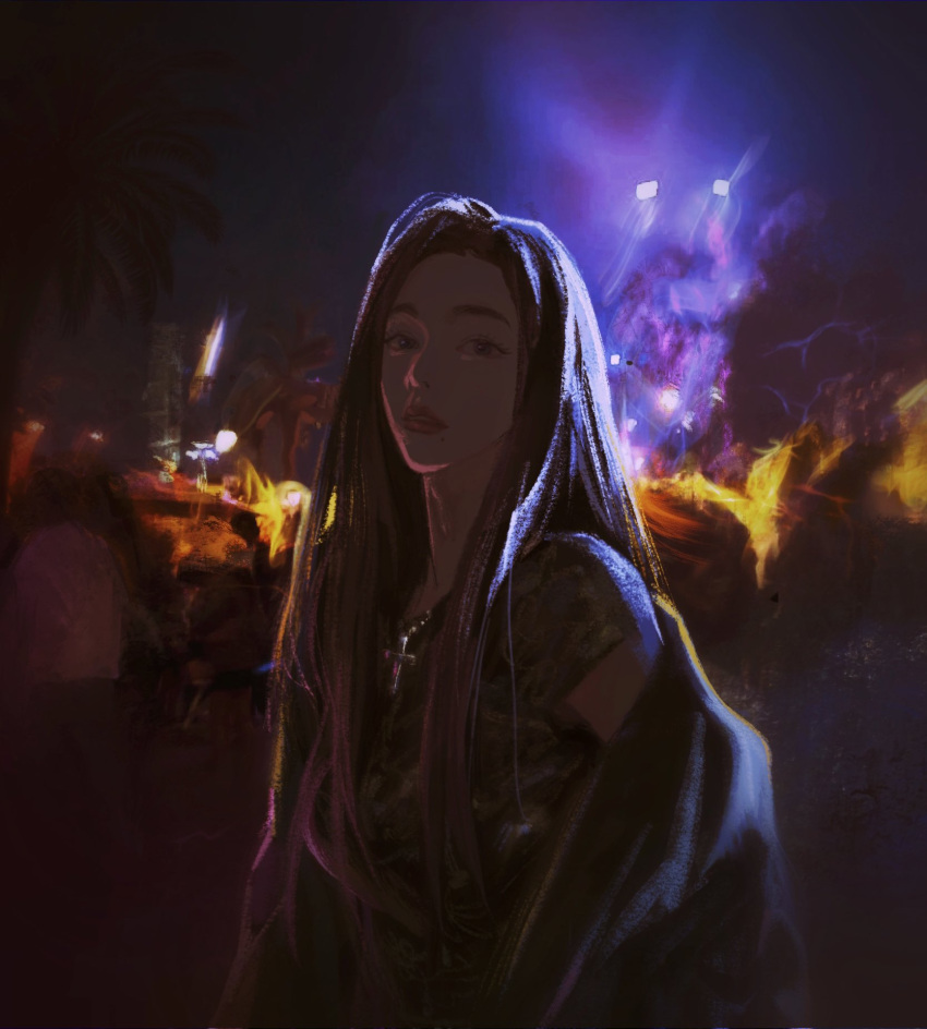 1girl backlighting blurry blurry_background breasts commentary cross cross_necklace highres jewelry kim_srm long_hair looking_at_viewer medium_breasts mole mole_under_mouth necklace night off_shoulder original palm_tree parted_lips people short_sleeves solo_focus tree