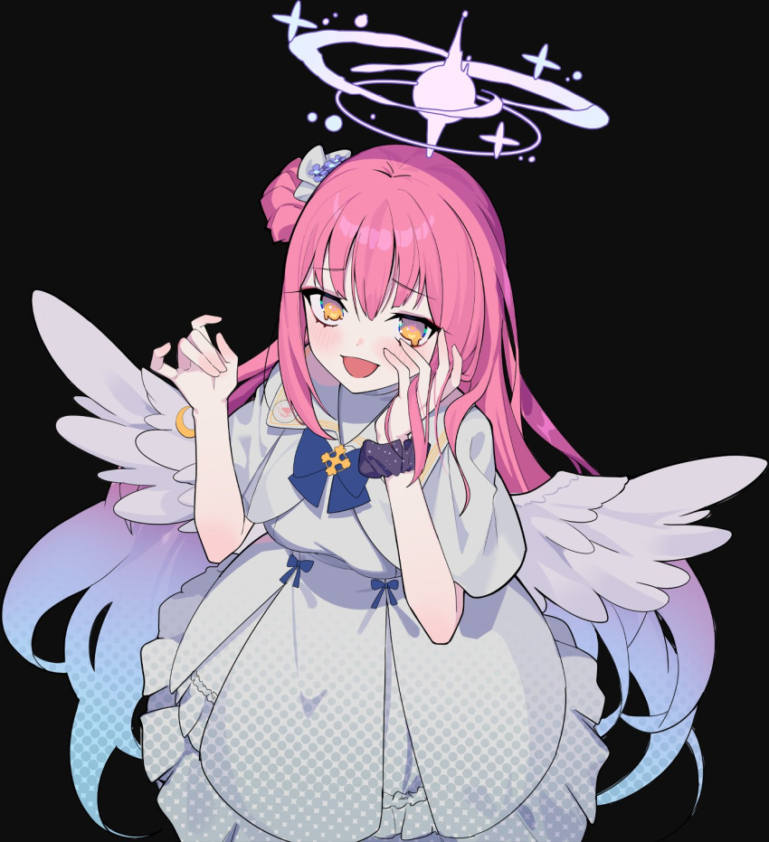 1girl angel_wings black_background blue_archive capelet ddolggol dress feathered_wings hair_bun halo highres long_hair looking_at_viewer mika_(blue_archive) open_mouth pink_hair pink_halo simple_background single_side_bun smile solo white_capelet white_dress white_wings wings yellow_eyes