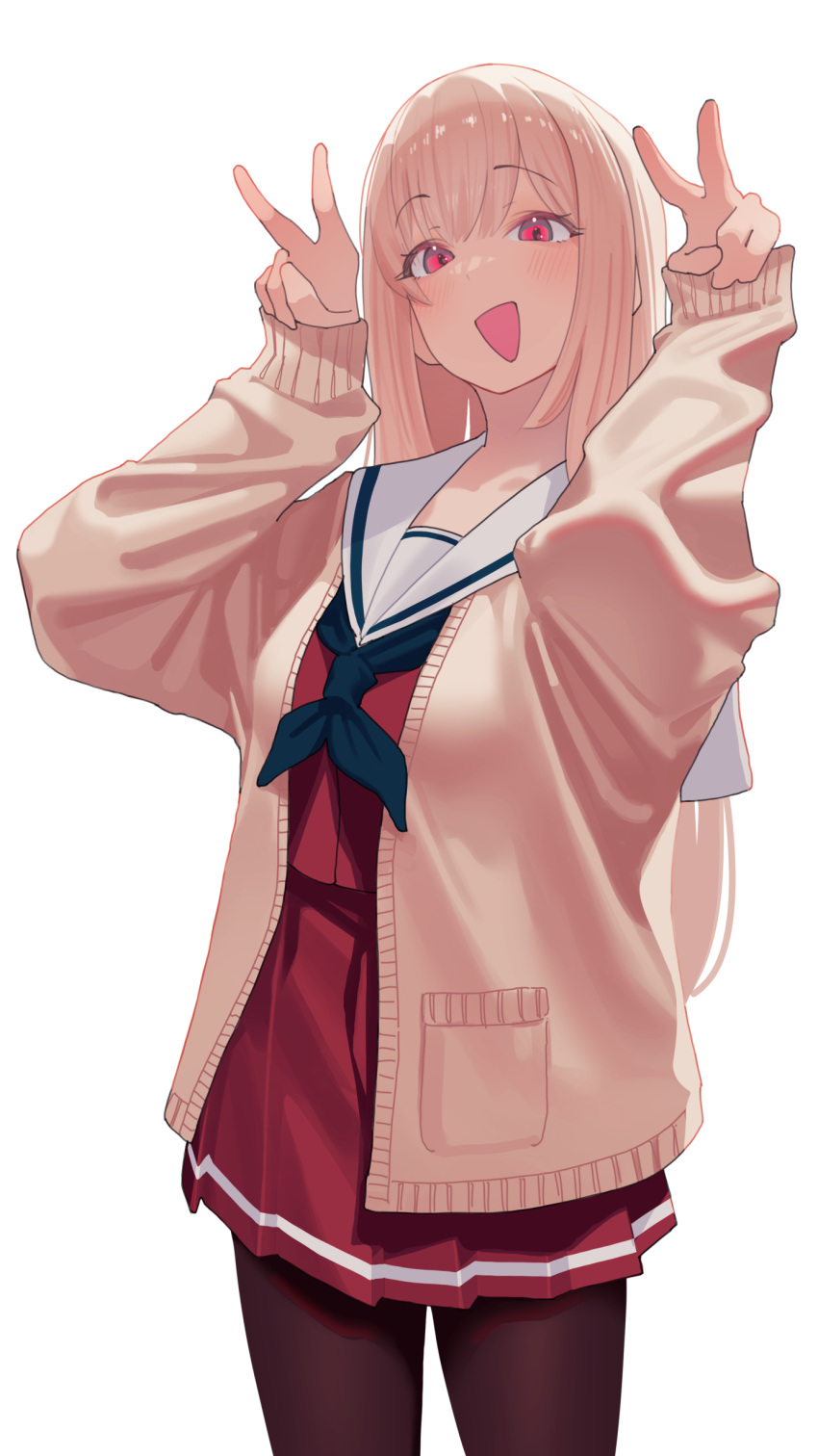 1girl absurdres arisaki_(cnxy7525) arm_up bag black_neckerchief black_pantyhose blonde_hair breasts brown_cardigan cardigan double_v furen_e_lustario furen_e_lustario_(school_uniform) grin hands_up hashtag-only_commentary highres large_breasts long_hair long_sleeves looking_at_viewer neckerchief nijisanji official_alternate_costume official_alternate_hairstyle open_cardigan open_clothes open_mouth pantyhose pleated_skirt red_eyes red_serafuku red_shirt red_skirt sailor_collar school_uniform serafuku shirt shoulder_bag simple_background skirt smile solo standing v very_long_hair virtual_youtuber white_background white_sailor_collar