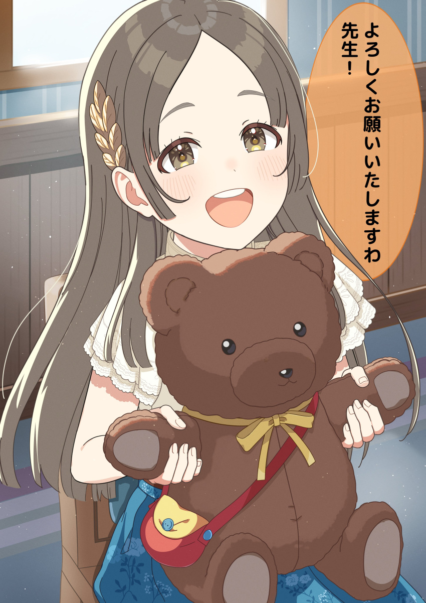 1girl absurdres blue_skirt blush brown_eyes chair commentary_request eyelashes floral_print forehead gakuen_idolmaster hair_ornament highres idolmaster indoors kuramoto_china leaf_hair_ornament light_brown_hair long_hair looking_at_viewer munico open_mouth parted_bangs print_skirt red_bag shirt short_sleeves sidelocks sitting skirt smile solo speech_bubble stuffed_animal stuffed_toy sunlight teddy_bear teeth translation_request upper_teeth_only white_shirt window