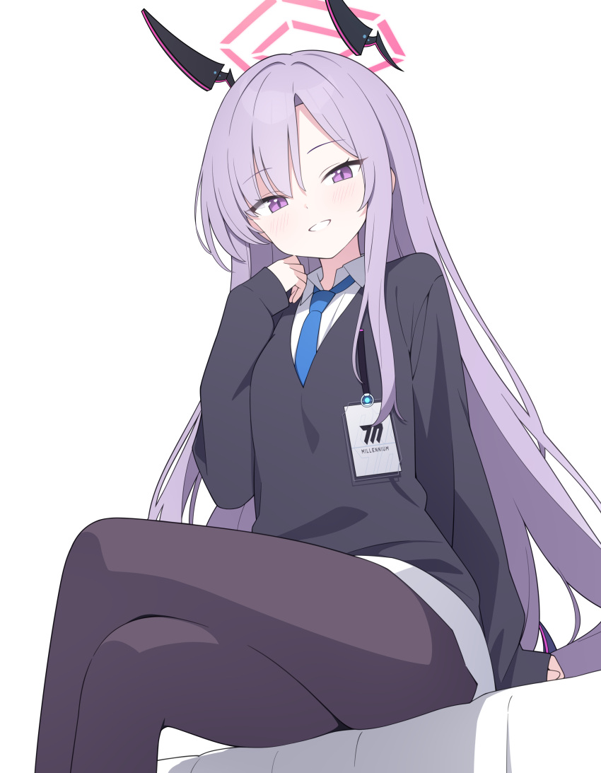 1girl absurdres black_pantyhose blue_archive blue_necktie crossed_legs halo highres jyt long_hair long_sleeves looking_at_viewer necktie pantyhose purple_hair red_halo shirt simple_background sitting utaha_(blue_archive) violet_eyes white_background white_shirt