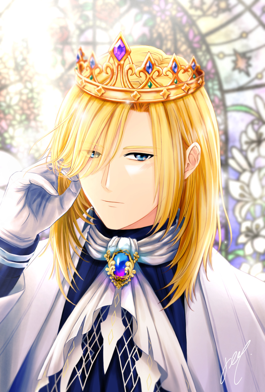1boy ascot bishounen blonde_hair blue_brooch blue_eyes blue_gemstone blue_shirt cape closed_mouth crown expressionless followers_favorite_challenge gem gloves hair_between_eyes hand_in_own_hair highres long_bangs long_hair looking_at_viewer male_focus multiple_drawing_challenge nyhill_m._heine parted_bangs ragnarok_online rii_(orkaki_r) shirt solo stained_glass upper_body white_ascot white_cape white_gloves