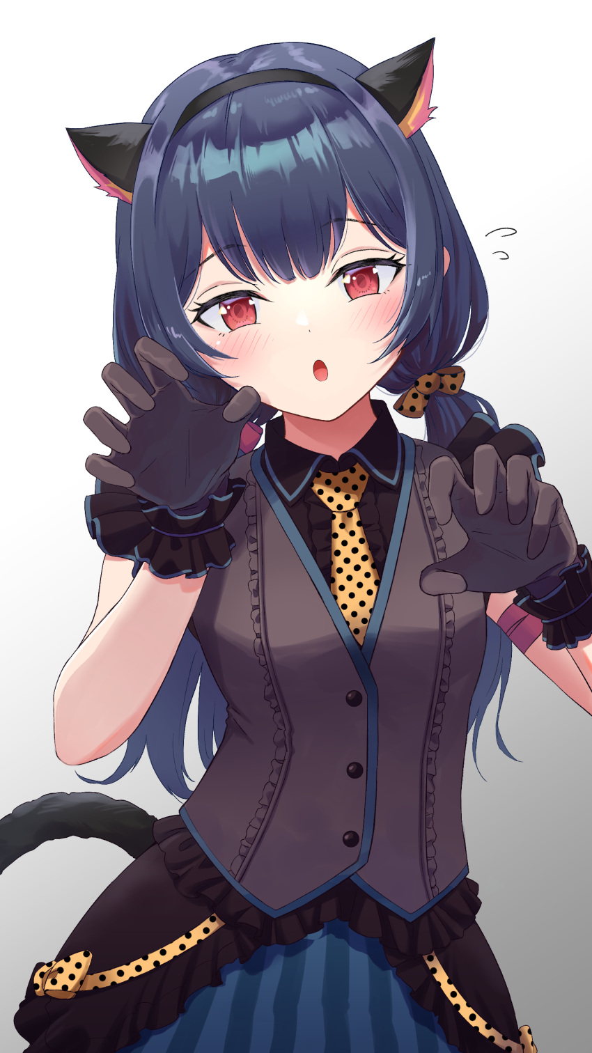 1girl absurdres animal_ear_hairband animal_ears black_gloves black_hairband black_vest blush cat_ears cat_tail center_frills claw_pose collared_shirt double-parted_bangs fake_animal_ears flying_sweatdrops frilled_vest frills gloves gradient_background hairband hands_up highres idolmaster idolmaster_shiny_colors long_hair looking_at_viewer morino_rinze open_mouth red_eyes shirt skirt sleeveless sleeveless_shirt solo tail twintails vest yeogpu_(seung832222)