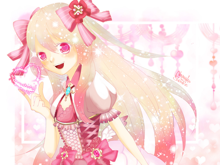 1girl artist_name blonde_hair blush chaos_marie_(grimms_notes) cleavage_cutout clothing_cutout frills grimms_notes hair_ribbon heart heart-shaped_pupils highres jewelry long_hair megane_namako open_mouth pendant pink_eyes puffy_short_sleeves puffy_sleeves ribbon short_sleeves smile solo sparkle symbol-shaped_pupils teeth upper_body upper_teeth_only wings