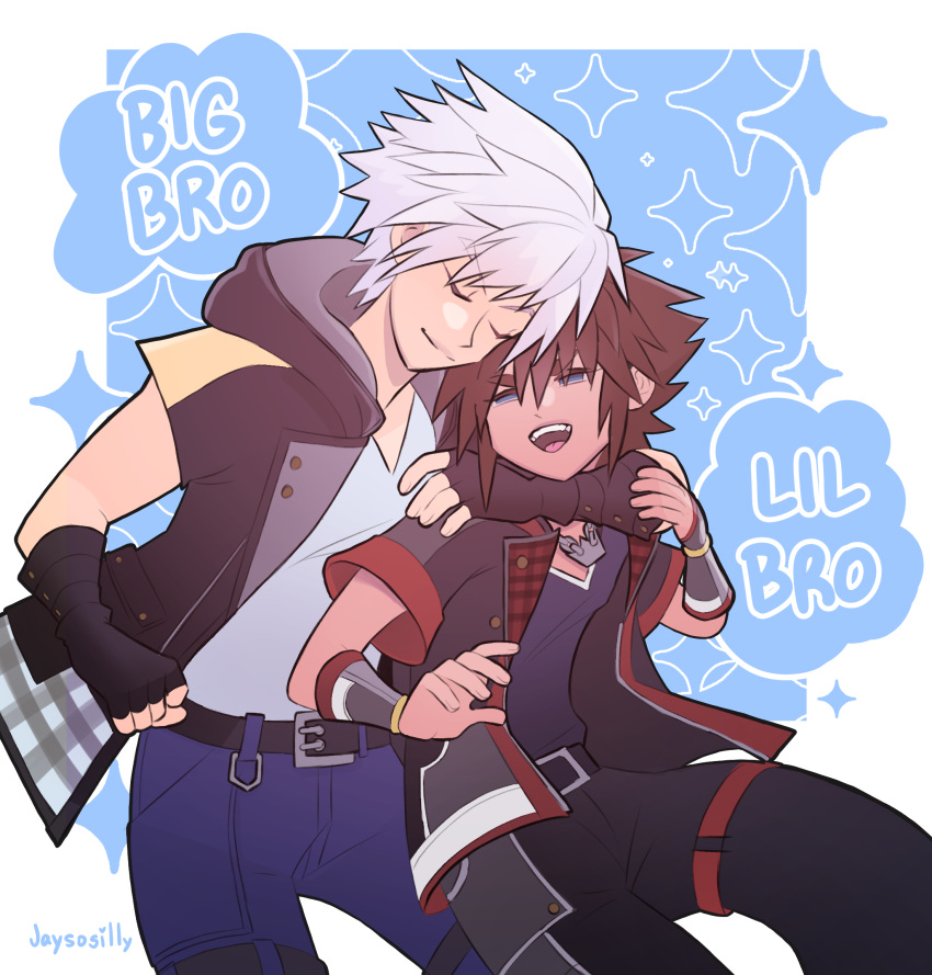 2boys arm_around_neck belt black_belt black_gloves black_jacket black_pants blue_background blue_eyes blue_pants blue_shirt border brown_hair chain_necklace closed_eyes closed_mouth crown_necklace english_text fingerless_gloves gloves highres jacket jaysosillyart jewelry kingdom_hearts kingdom_hearts_iii multiple_boys necklace open_mouth outside_border pants riku_(kingdom_hearts) shirt short_sleeves sora_(kingdom_hearts) sparkle_background teeth tongue upper_teeth_only white_border white_hair wide_sleeves