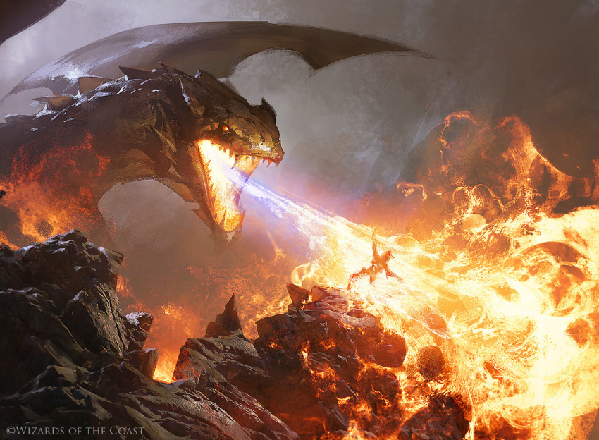 1other animal_focus breath_weapon breathing_fire burning commentary company_name dragon english_commentary fantasy fire giant giant_monster greg_rutkowski magic:_the_gathering monster official_art open_mouth orange_eyes realistic rock scales sharp_teeth shivan_dragon teeth western_dragon