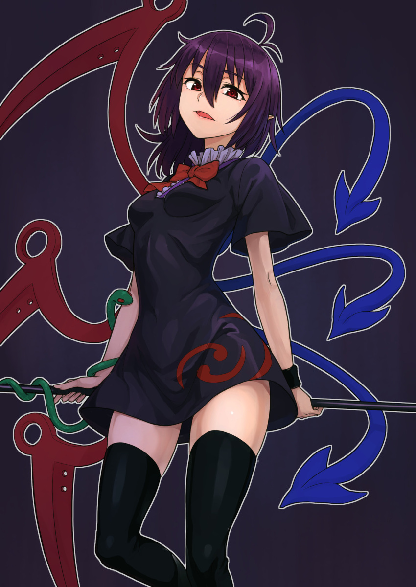 1girl asymmetrical_wings black_background black_dress black_thighhighs blue_wings commentary_request dress feet_out_of_frame highres houjuu_nue kakone looking_at_viewer medium_hair messy_hair open_mouth red_eyes red_wings simple_background solo thigh-highs touhou wings