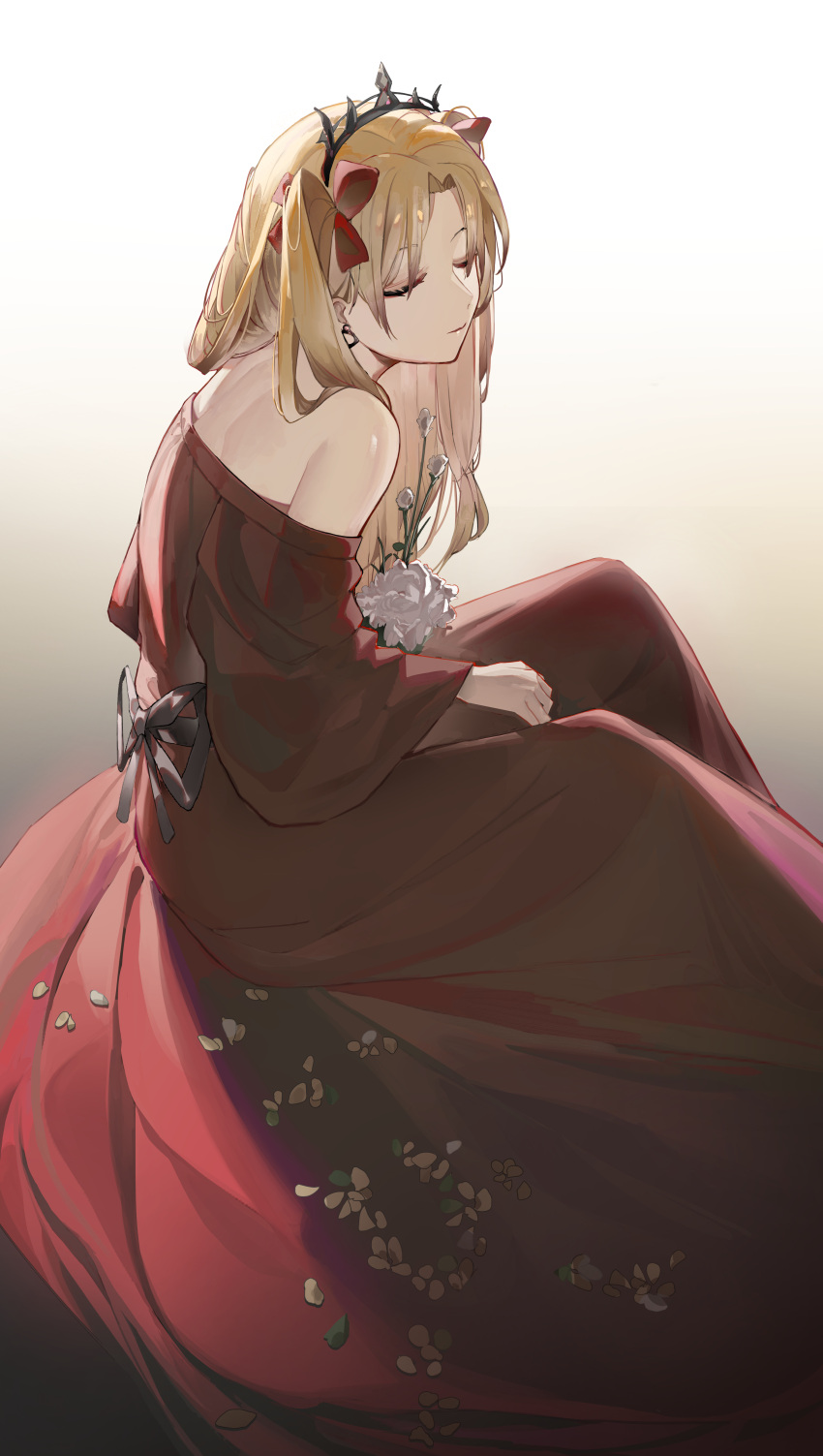 1girl absurdres alternate_costume bare_shoulders black_bow blonde_hair bow dress earrings ereshkigal_(fate) fate/grand_order fate_(series) feijiu flower hair_bow hair_ribbon highres jewelry long_hair parted_bangs petals red_dress red_ribbon ribbon sitting solo tiara two_side_up