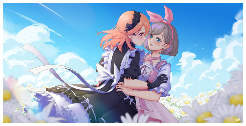2girls absurdres apron artist_name black_dress black_gloves black_hairband blue_eyes blue_sky bow_hairband closed_mouth clouds day dress eye_contact flower gloves grey_hair hairband hand_on_another's_arm hands_on_another's_waist highres hug ichi_(bttrfl1es) long_hair looking_at_another love_live! love_live!_superstar!! maid maid_apron meadow multicolored_hair multiple_girls orange_hair outdoors pink_dress pink_hair pink_hairband red_nails shibuya_kanon short_hair short_sleeves sky smile streaked_hair tang_keke violet_eyes white_apron white_flower yuri