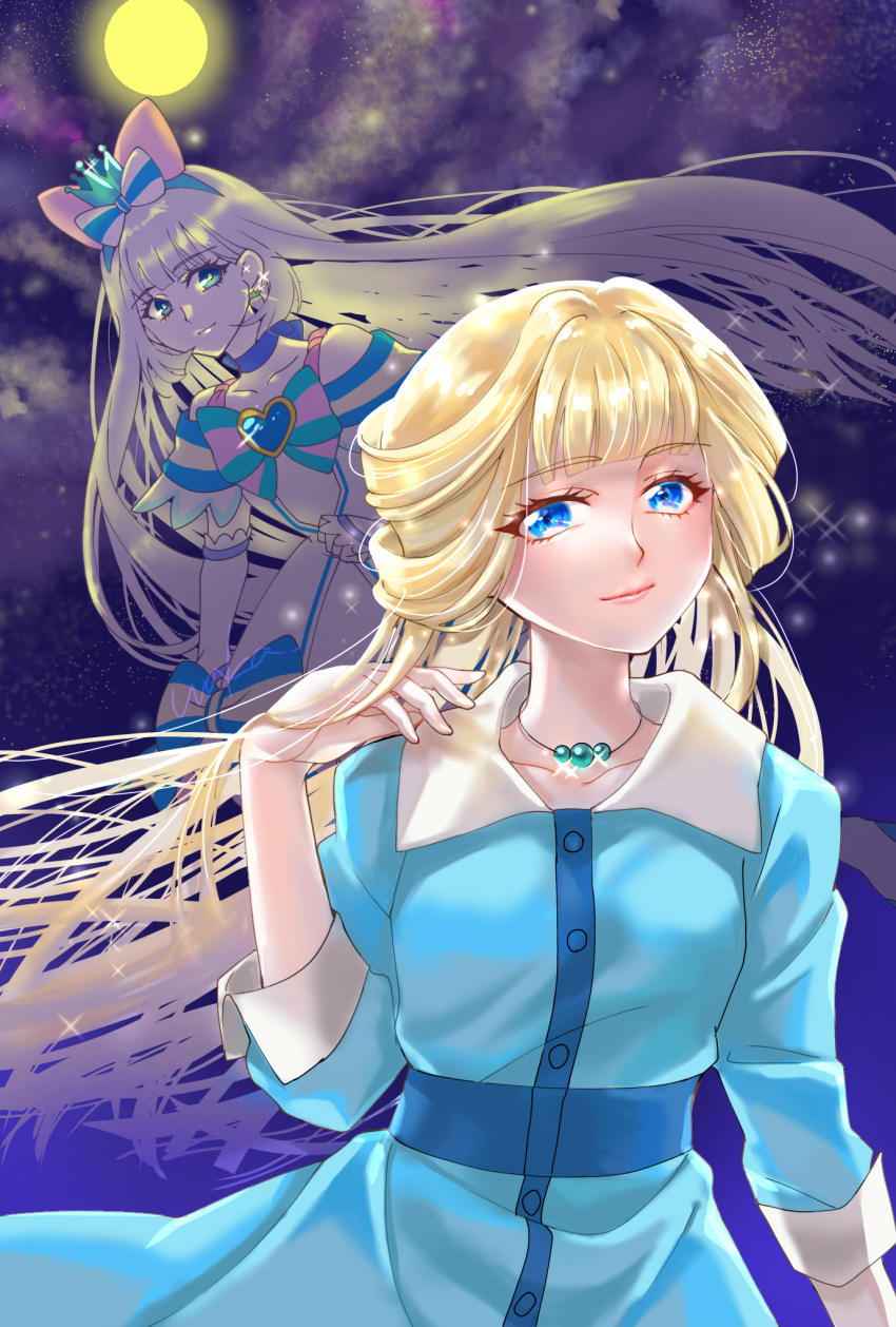 2girls aqua_bow aqua_bowtie aqua_eyes artist_name blonde_hair blue_choker blue_dress blue_eyes blue_hairband blunt_bangs bow bowtie brooch choker closed_mouth collared_dress crown crown_earrings cure_nyammy dress dual_persona earrings elbow_gloves full_moon gloves grey_hair hair_bow hairband half_updo hand_in_own_hair heart heart_brooch highres jewelry long_hair long_sleeves looking_at_viewer magical_girl mini_crown moon multiple_girls necklace nekoyashiki_yuki night night_sky outdoors pink_bow precure signature sky smile sparkle standing very_long_hair waka_(negronoir) white_dress white_gloves wind wonderful_precure!