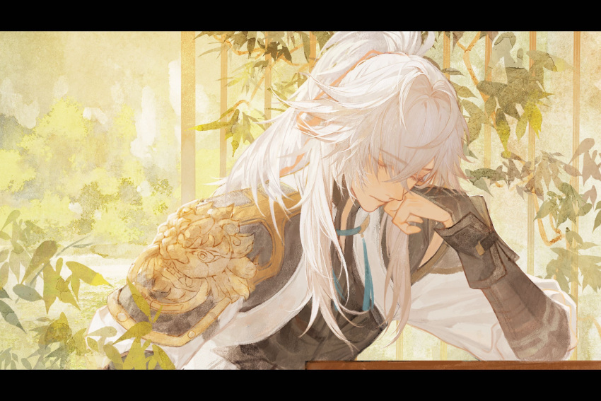 1boy armor bridal_gauntlets calendulamew chinese_commentary closed_eyes commentary_request crossed_bangs elbow_rest expressionless eyes_visible_through_hair from_side hair_intakes head_on_hand high_ponytail highres honkai:_star_rail honkai_(series) jing_yuan leaf leaning letterboxed long_hair male_focus pauldrons ponytail shoulder_armor solo tassel upper_body white_hair