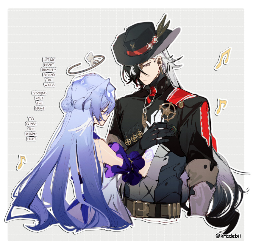 1boy 1girl absurdres android black_gloves black_hair black_hat black_jacket blue_hair boothill_(honkai:_star_rail) closed_eyes cowboy_hat cropped_jacket detached_sleeves frilled_sleeves frills gloves hair_bun hand_on_another's_chest hat hetero highres holding_hands honkai:_star_rail honkai_(series) jacket kradebii long_hair long_sleeves multicolored_hair open_mouth robin_(honkai:_star_rail) sheriff_badge simple_background smile streaked_hair very_long_hair white_background white_hair zipper zipper_pull_tab