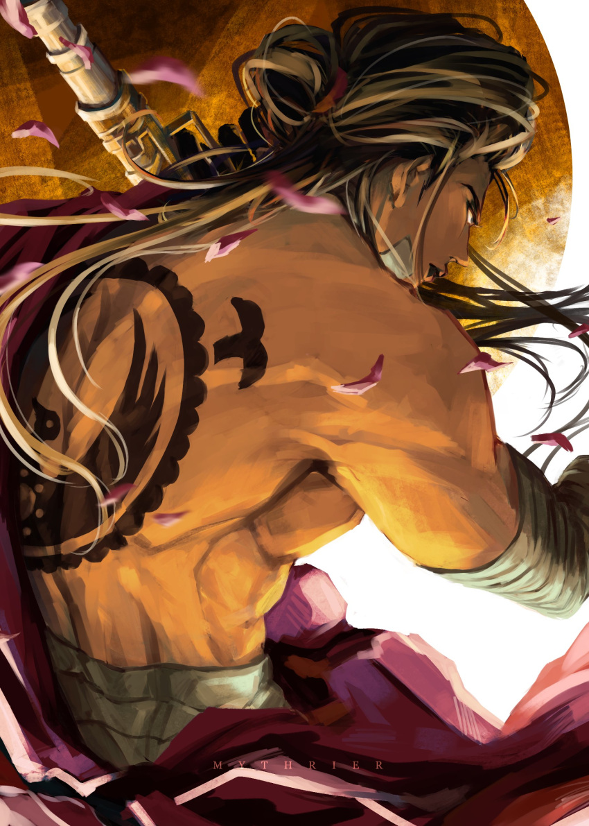 1boy absurdres antique_firearm artist_name back_tattoo bandaged_arm bandages black_hair closed_mouth commentary english_commentary firelock flintlock gun handgun highres holding holding_weapon izou_(one_piece) long_hair male_focus one_piece rie_(mythrier) solo tattoo topless_male weapon