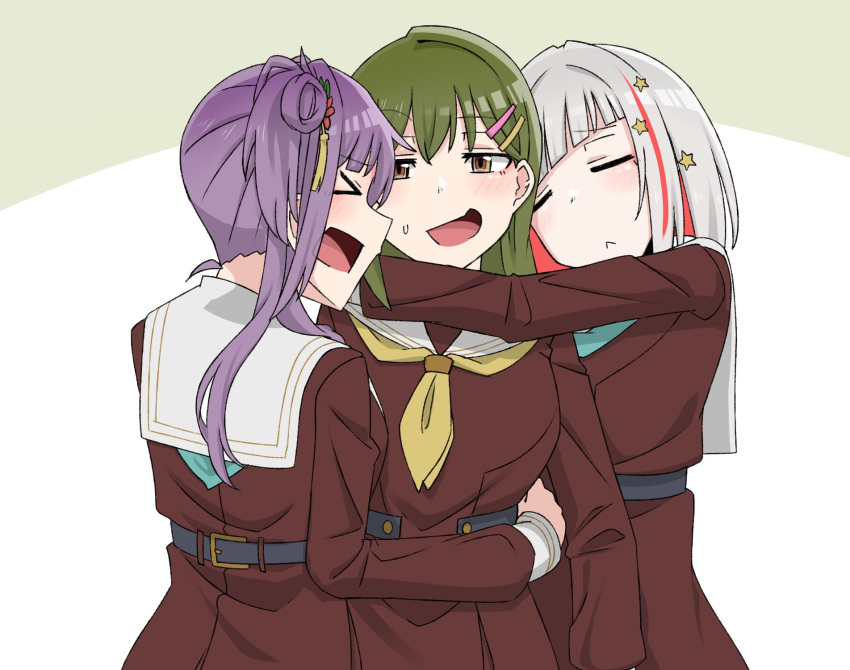 &gt;_&lt; 3girls :&lt; =_= aqua_neckerchief arms_around_neck blush bob_cut brown_dress brown_eyes carrying carrying_person closed_eyes closed_mouth colored_inner_hair commentary_request diagonal_bangs dress facing_another flower green_background green_hair grey_hair group_hug hair_bun hair_flower hair_ornament hairclip half-closed_eyes hasu_no_sora_school_uniform highres hug inverted_bob link!_like!_love_live! loafers lone_nape_hair long_hair long_sleeves looking_at_viewer love_live! multicolored_hair multiple_girls neckerchief oogami_sachi open_mouth otomune_kozue purple_hair raised_eyebrow rectangular_mouth red_flower redhead sailor_collar sailor_dress school_uniform shoes short_hair side_ponytail sidelocks single_side_bun small_sweatdrop socks star_(symbol) star_hair_ornament straight_hair streaked_hair tetetsu_(yuns4877) two-tone_background two_side_up virtual_youtuber white_background white_sailor_collar white_socks winter_uniform yugiri_tsuzuri